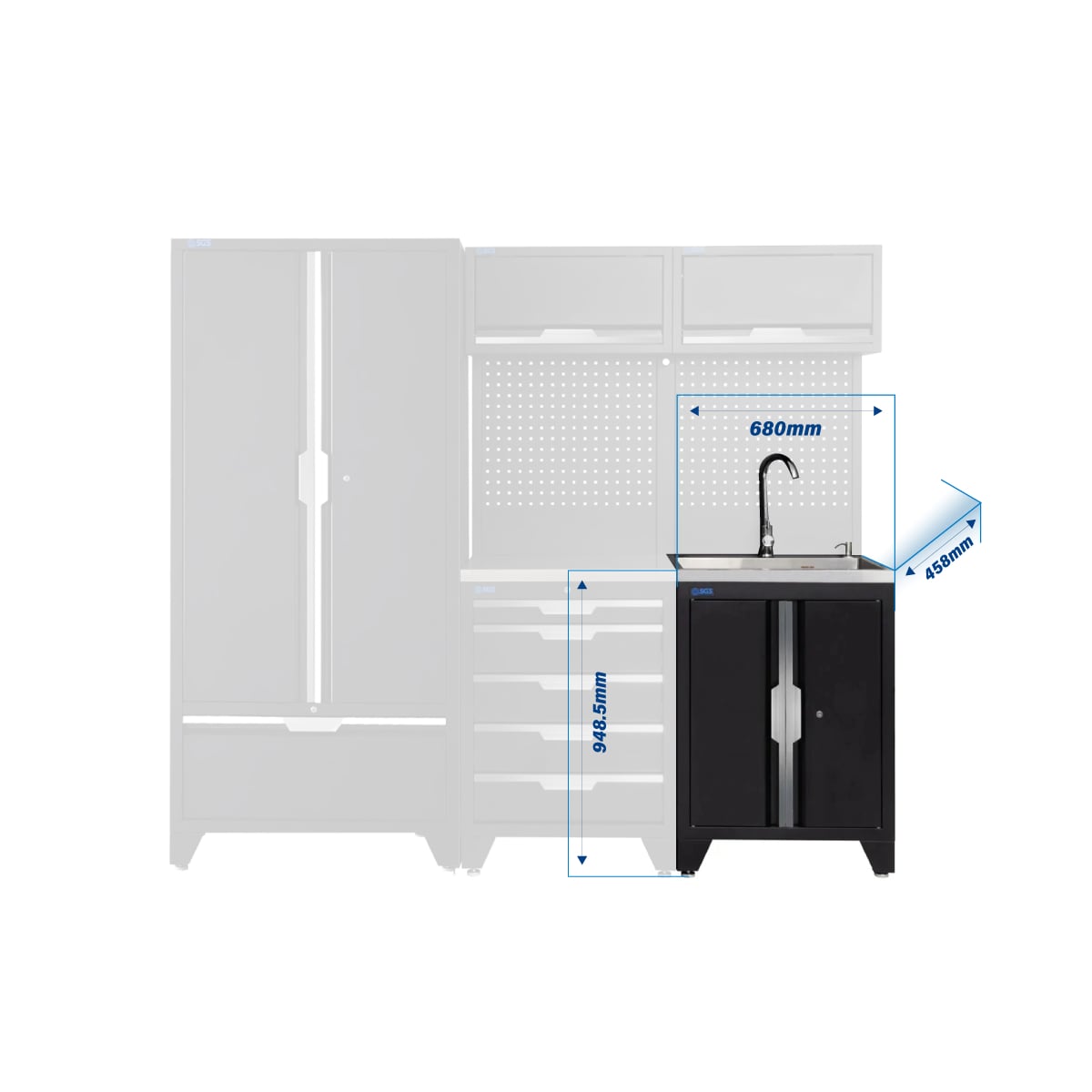 SGS 7pc Modular Garage Storage | 5 Drawers | Stainless Steel Worktop | Sink Unit | 2x Upper Cabinets | Tall Double Cabinet | Tall Double Cabinet with Drawer